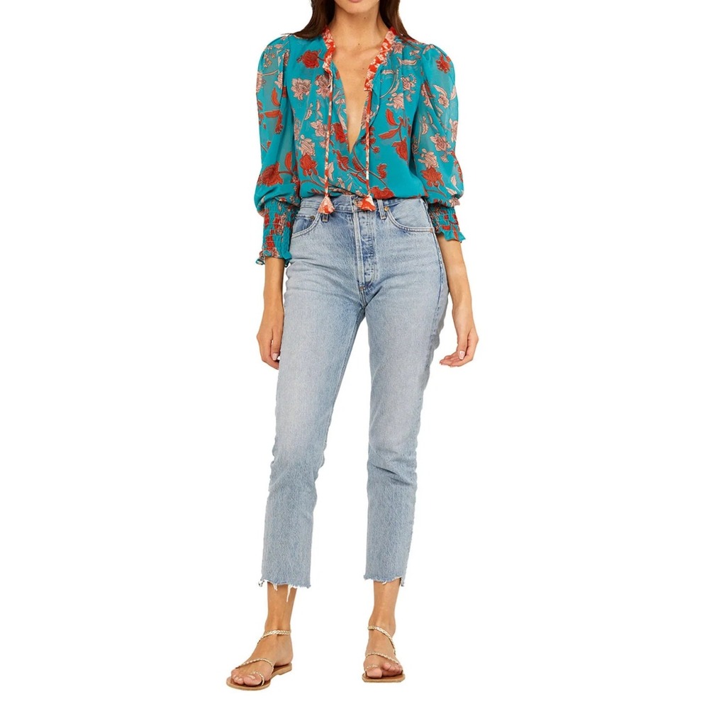 Misa Los Angeles Revolve Siena Teal Floral Print Tie Neck Peasant Blouse XS